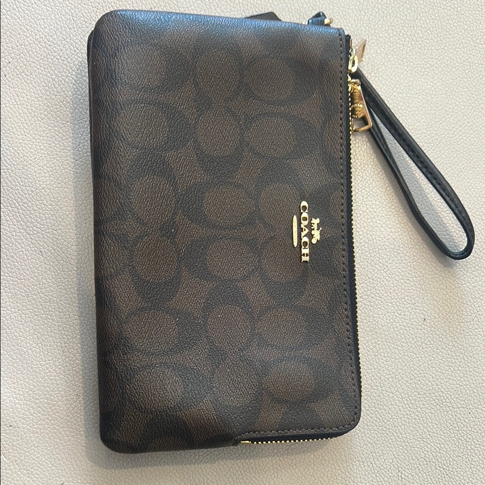 Coach Signature Brown Wristlet with Gold Accents